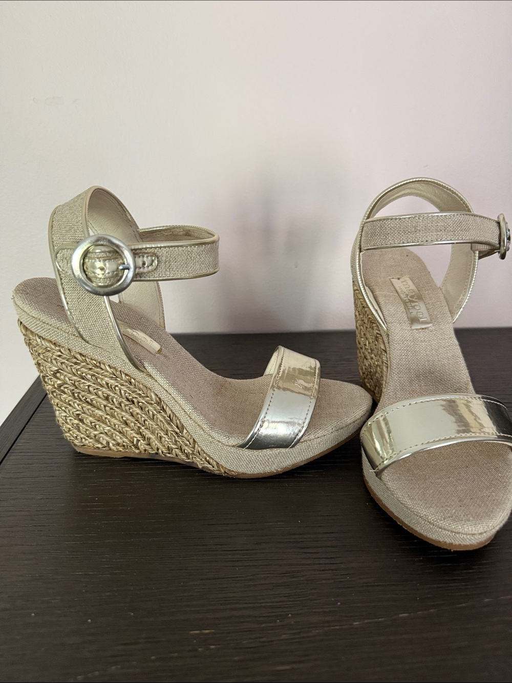Metallic Gold Espadrille Wedge Sandals with Ankle Buckle